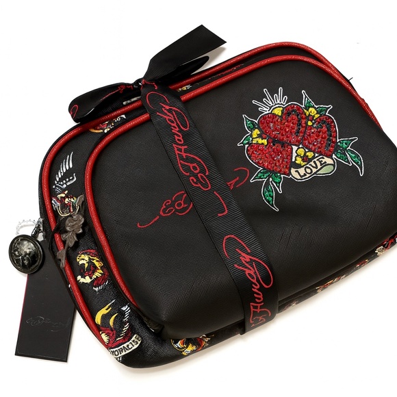 NWT Ed Hardy Tattoo Heart 2pc Cosmetic Bag Set Red Trim Rhinestone LOVE Patch - Picture 1 of 6